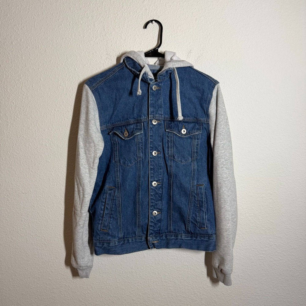 Forever 21 Trucker Jacket Mens Small Blue White Denim Cotton Hooded Button Front